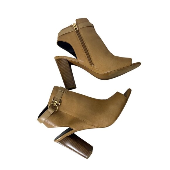 Coach Tan Leather Peep-Toe Heeled Booties With Gold Zipper & Buckle Detail - Picture 3 of 9